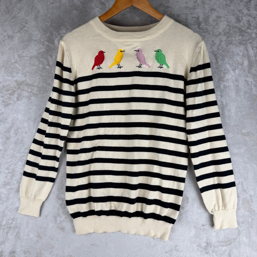 OXKNIT Womens Striped Bird Embroidered Crew Neck Sweater Cream Black Large